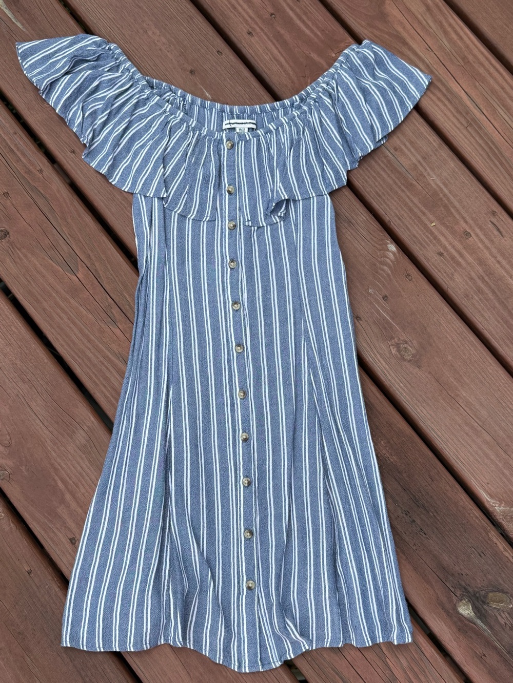 American Eagle Outfitters Blue & White Striped Off-Shoulder Button Dress